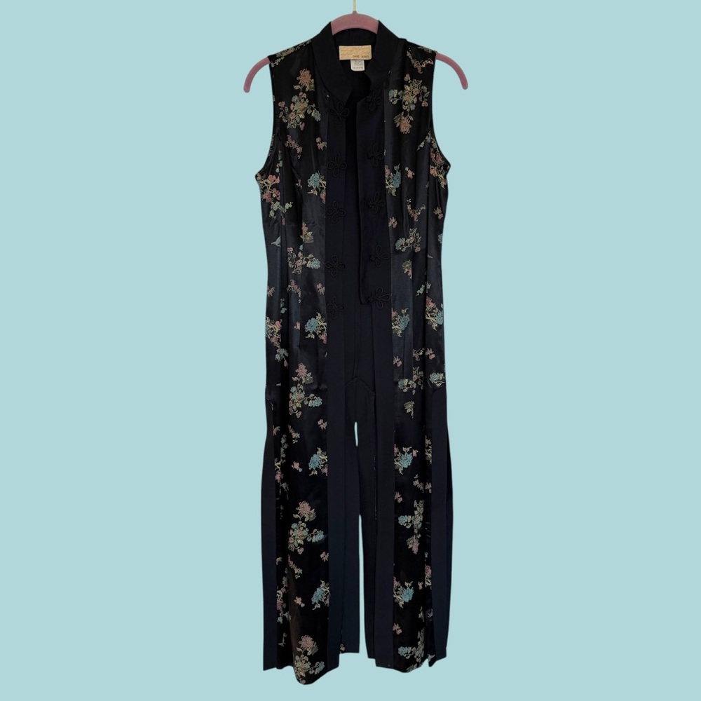Vintage Sans Souci Long Oriental Duster Vest Black Size Small